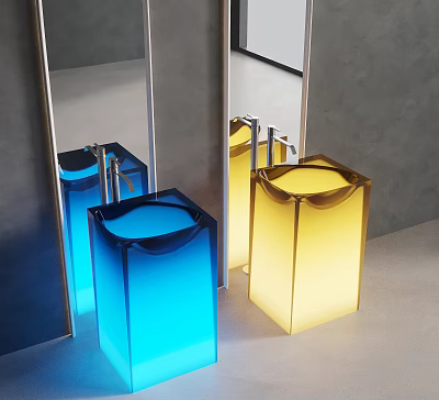 Modern Transparent Cube Lamps in Blue and Yellow With Mirror Reflections 3d model