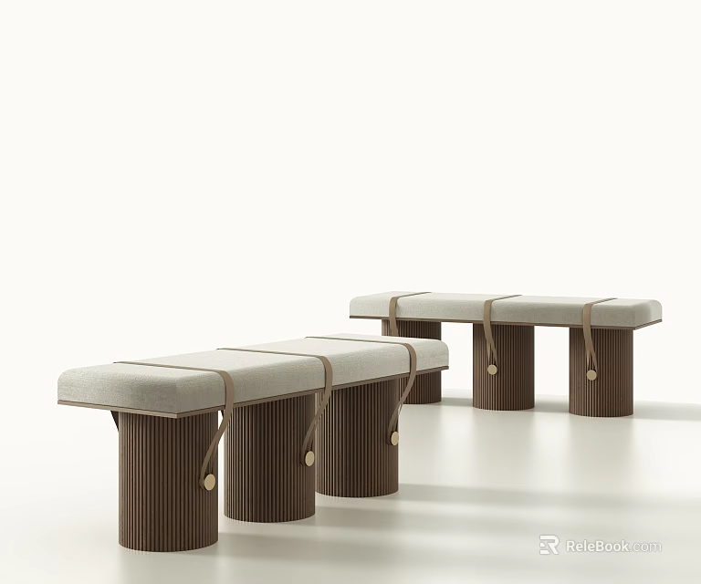 Modern Fabric Upholstered Benches With Fluted Wooden Legs Arranged In Row 3d model 