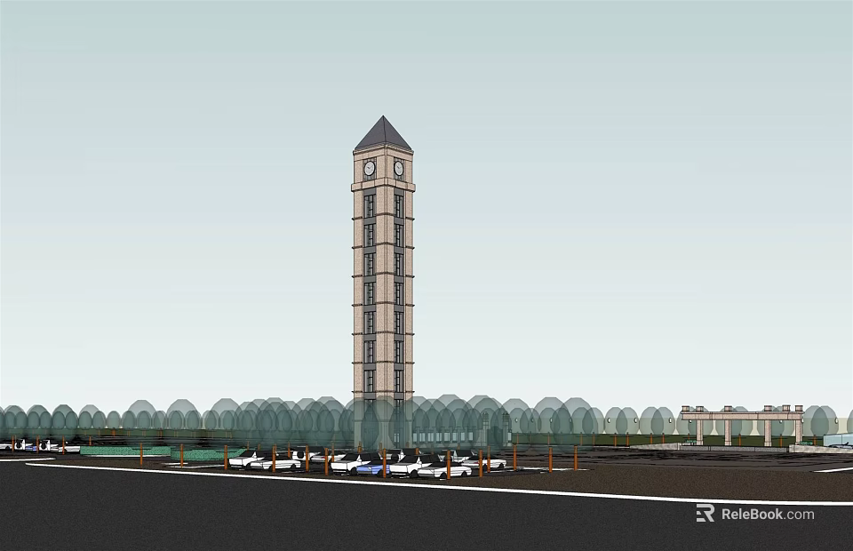 Tall Clock Tower with Arched Glass Structure and Parked Cars Along Road 3d model 