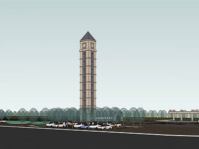 Tall Clock Tower with Arched Glass Structure and Parked Cars Along Road 3d model