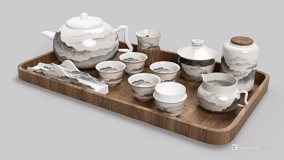 Ceramic Tea Set With Teapot Cups Lidded Jar And Wooden Serving Tray 3d model