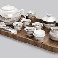Ceramic Tea Set With Teapot Cups Lidded Jar And Wooden Serving Tray 3d model