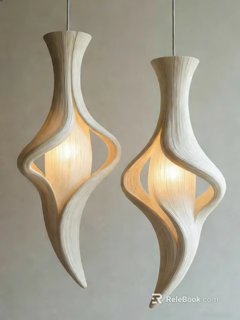 Two Curved Twisted Textured Chandeliers With Soft Illumination And Modern Design 3d model 