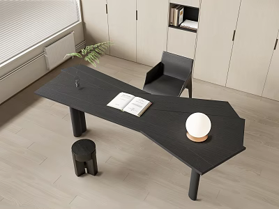 Modern Black Desk With Open Book White Lamp Plant And Chair In Minimalist Room 3d model