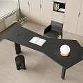 Modern Black Desk With Open Book White Lamp Plant And Chair In Minimalist Room