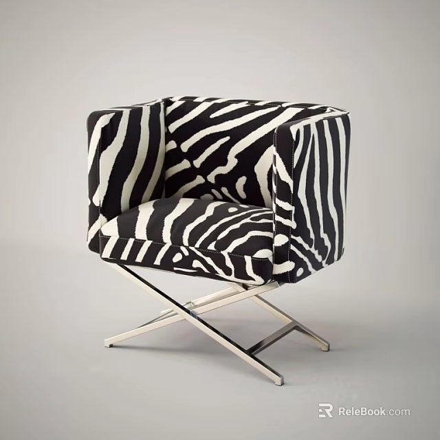 Stylish Single Seater Sofa with Zebra Pattern and Cross Metal Legs Design 3d model 