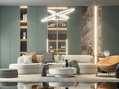 Modern Sofa Coffee Table Set With Beige Upholstery Marble Table Green Walls And Geometric Lighting 3d model