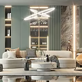 Modern Sofa Coffee Table Set With Beige Upholstery Marble Table Green Walls And Geometric Lighting