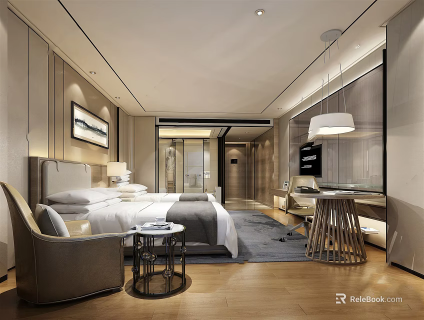 Elegant Modern Hotel Guest Room With King Bed Comfortable Seating And Decorative Elements 3d model 