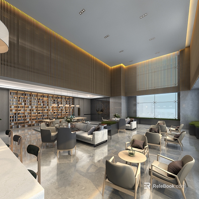 Modern Lounge Area Interior With Comfortable Sofas Armchairs Bookshelves And Large Windows 3d model 