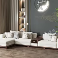 Modern Light Colored Sectional Sofa With Accent Pillows Side Table And Moon Wall Art 3d model