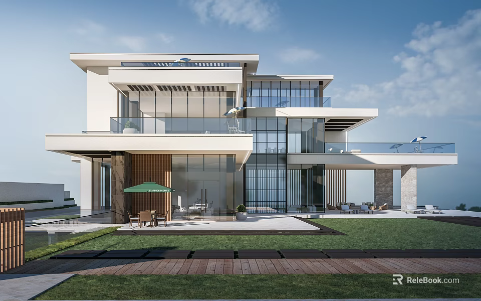 Modern Detached Villa Featuring Glass Curtain Walls Balconies Lawn and Outdoor Seating Area 3d model 