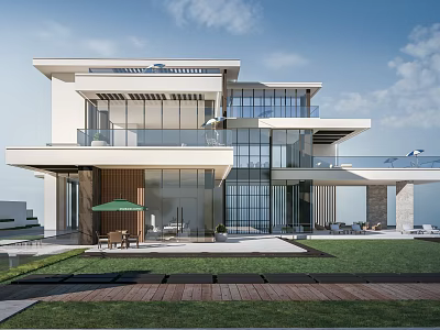 Modern Detached Villa Featuring Glass Curtain Walls Balconies Lawn and Outdoor Seating Area 3d model