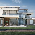 Modern Detached Villa Featuring Glass Curtain Walls Balconies Lawn and Outdoor Seating Area
