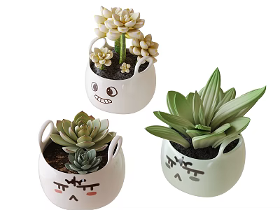 Cute Bonsai Succulent Pots with Cartoon Faces in White and Light Green Round Design 3d model
