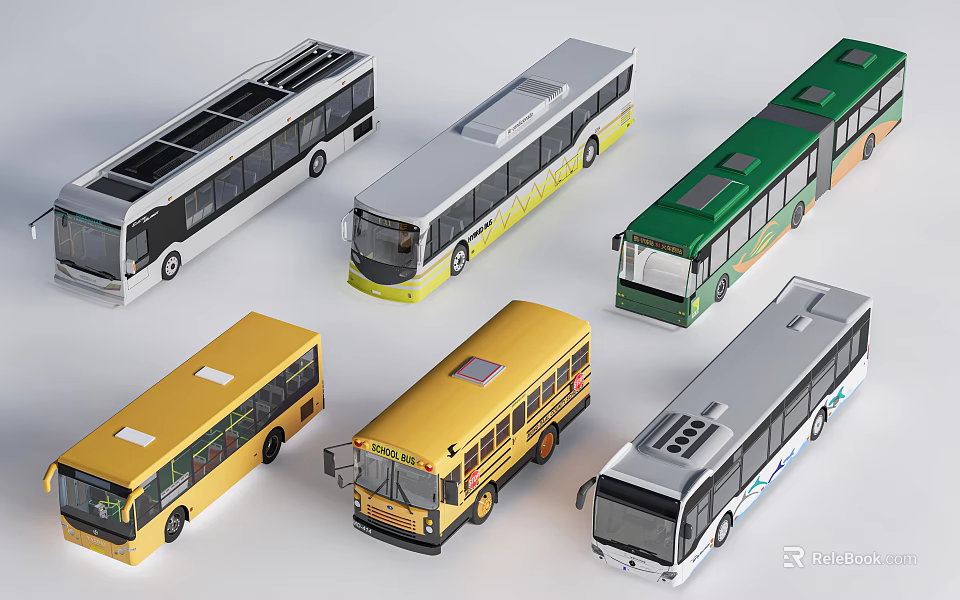 Various Modern Cars Including Buses and School Buses in Multiple Colors and Styles 3d model 