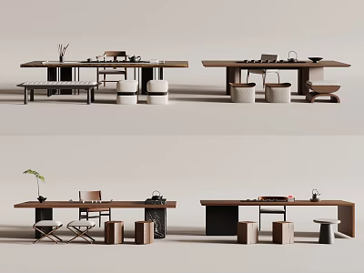 Modern Wooden Tea Table And Chairs Interior Design With Stools And Tea Sets 3d model