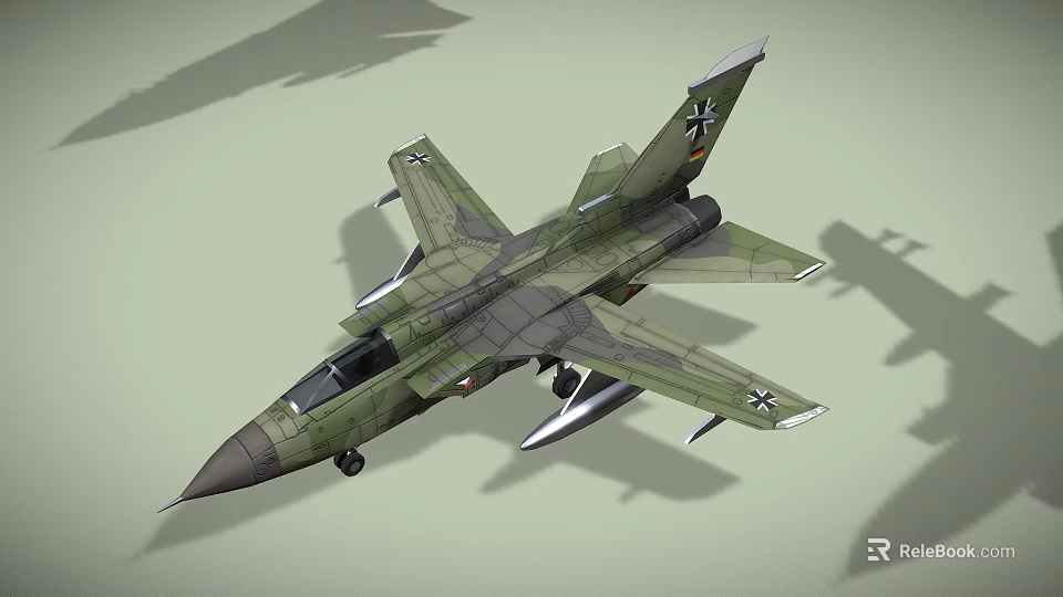 Green Camouflage Military Fighter Jet With German Insignia And Underwing Weapon Payloads 3d model 