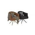 Brown Leather Single Sofa with Plaid Blanket Cushion and Gold Tripod Base