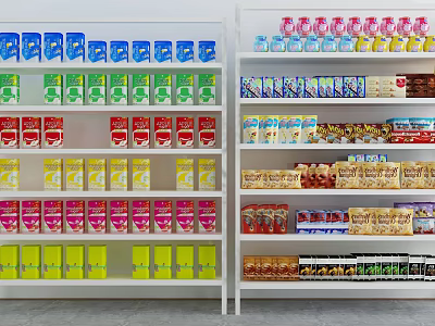 Retail Display Shelves Fully Stocked With Various Colored Products In Store 3d model