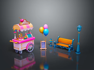 Vintage Ice Cream Cart Scene With Awning Menu Board Balloons Bench And Street Lamp 3d model