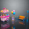 Vintage Ice Cream Cart Scene With Awning Menu Board Balloons Bench And Street Lamp