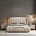 Elegant Modern Bedroom Interior With Gray Walls Beige Upholstered Headboard Nightstands Lamps And Bookshelf