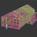 Wooden House Frame Model With Roof Trusses Floor Joists And Human Figure Scale