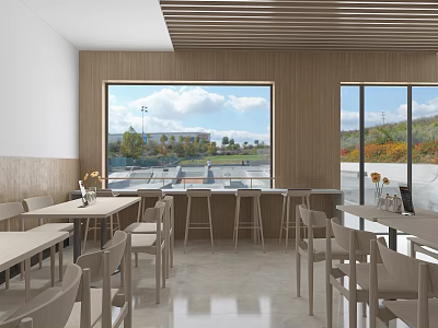 Bright Restaurant Interior With Wooden Accents Large Windows Outdoor View And Comfortable Tables And Chairs 3d model