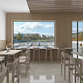 Bright Restaurant Interior With Wooden Accents Large Windows Outdoor View And Comfortable Tables And Chairs