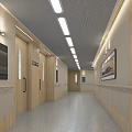 Bright Elevator Hallway With Wooden Doors Ceiling Lights And Wall Handrails