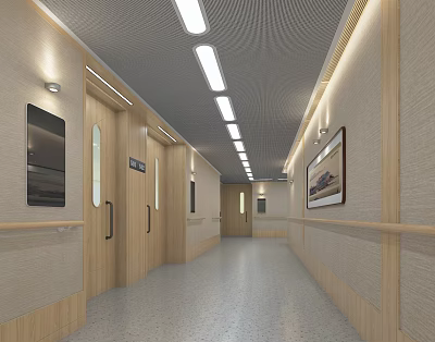 Bright Elevator Hallway With Wooden Doors Ceiling Lights And Wall Handrails 3d model