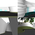 Modern White Curved Feature Wall Outdoor Design With Greenery Trees Grass Pathway And People
