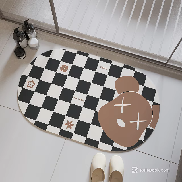 Bathroom Floor Mat With Black White Checkered Design And Cartoon Bear Pattern In Oval Shape 3d model 