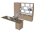Modern Wooden Desk and Chair Set with Bookcase Laptop Lamp and Documents