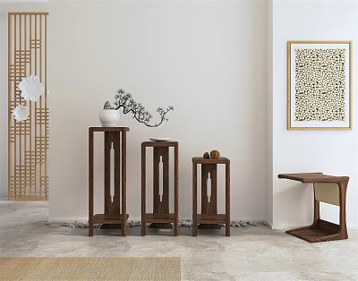 Three Chinese Style Wooden Flower Stands with White Vase Pine Branch and Screen 3d model