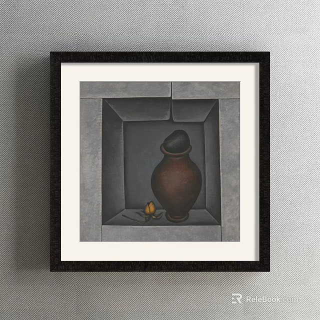 Framed Artwork With Clay Jar And Yellow Flower On Gray Background 3d model