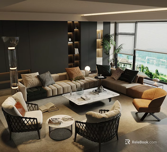 Modern Living Room Design With Sofa Coffee Table Set Throw Pillows And City View 3d model 