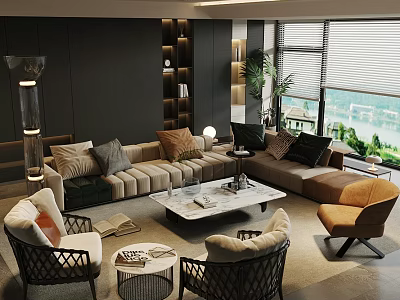 Modern Living Room Design With Sofa Coffee Table Set Throw Pillows And City View 3d model