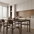 Modern Open Restaurant Interior With Wooden Dining Table Chairs And White Cabinets 3d model