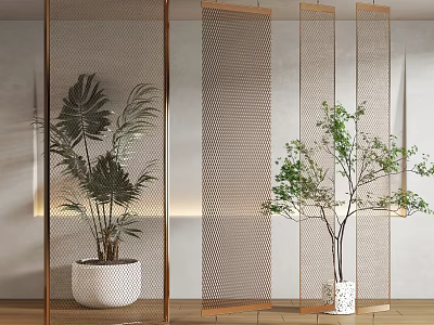 Modern Mesh Room Divider Interior With Gold Frame And Indoor Plants 3d model