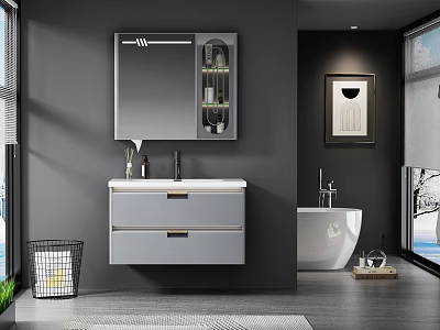 Modern Hotel Bathroom Interior With Gray Walls LED Mirror White Vanity Double Drawers And Bathtub 3d model