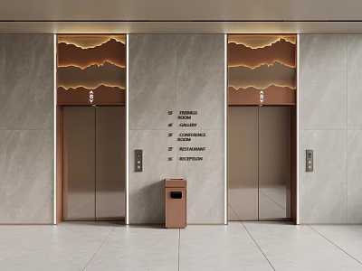 Modern Elevator Design With Marble Walls Decorative Light Strips And Trash Bin 3d model