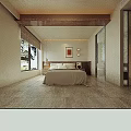 Modern Homestay Guest Room Interior With King Bed Decorative Painting And Large Window