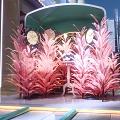 Decorative Teal Tram In Indoor Mall With Columns And Pedestrians Around