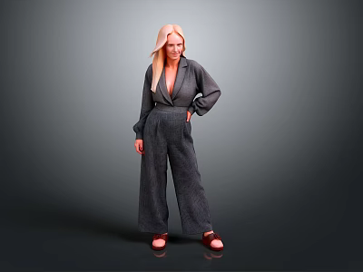 Blonde Woman in Gray Blazer and Wide Leg Pants with Brown Shoes Against Gray Background 3d model