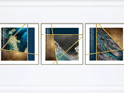 Three Panel Abstract Paintings With Geometric Lines And Gold Blue Brown Tones For Wall Decor 3d model