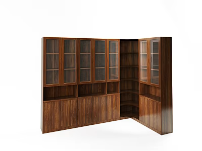 Wooden Corner Bookcase With Glass Doors Multiple Shelves And Storage Cabinets 3d model
