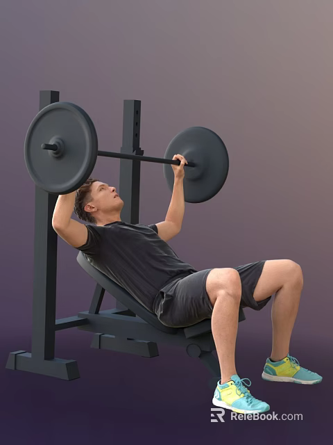 Man Performing Intense Barbell Bench Press Workout On Weight Bench 3d model