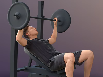 Man Performing Intense Barbell Bench Press Workout On Weight Bench 3d model